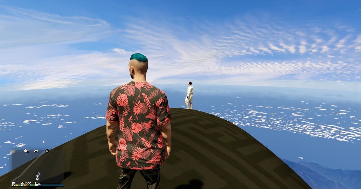 A digital environment atop a hot air balloon. Two men gazing toward the horizon.