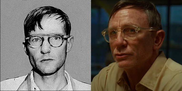 Left: in black and white, William S. Burroughs. Right: Daniel Craig, with similar glasses and hair styling.