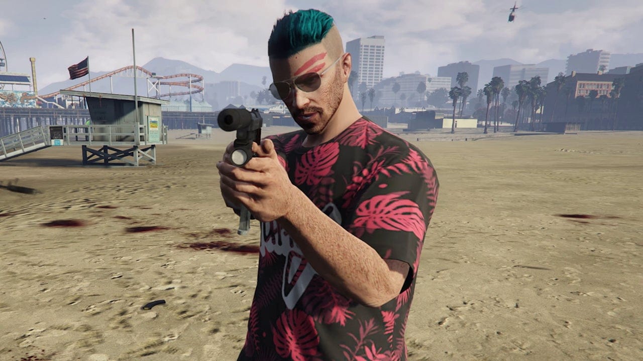 In a digital beach environment, a man with green hair aims a handgun at the camera.