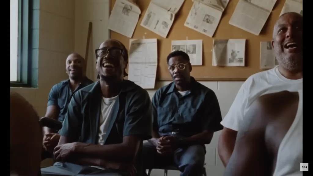 Inside a classroom with concrete walls, several African-American men in dark green prison fatigues and undershirts, laugh freely. One sitting at the back, in the middle of the frame, with thin-rimmed glasses, sits more reservedly, his hands clasped together in his lap.