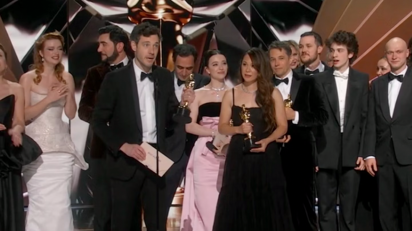 The cast and producers of Anora on the Oscars stage.