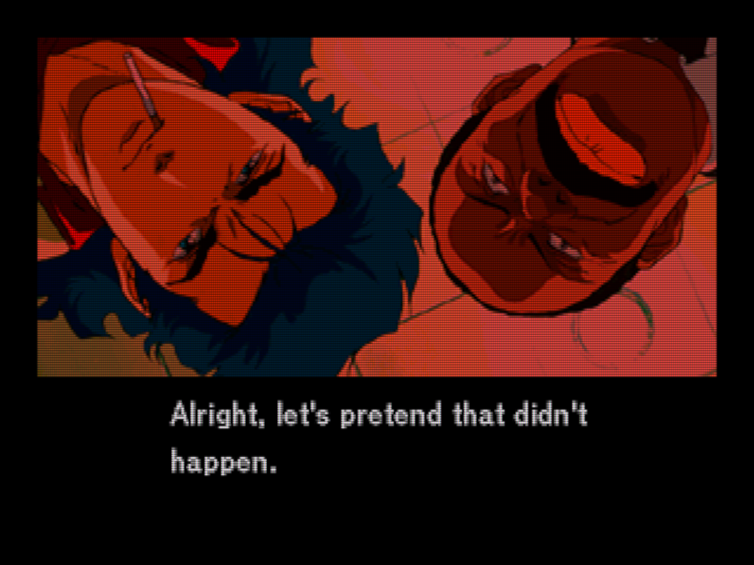 Ground level camera angle looking up at Jonathan Ingram and Ed Brown, looking down, bathed in infrared light. Caption: Alright, let's pretend that didn't happen.