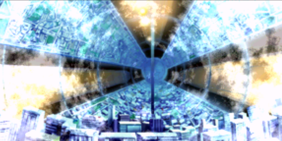 Inside view of an O'Neill cylinder, extending backward into the distance. A city is built along its inside walls, with a skyscraper in the middle extending up its circumfrence.