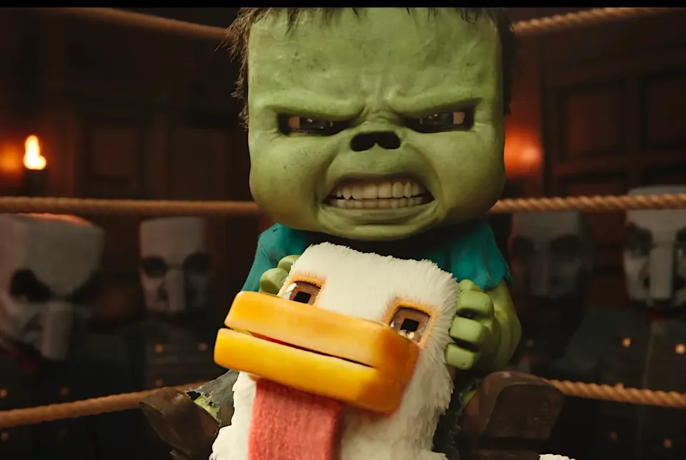 A blocky, green-skinned, child grimaces atop a similarly blocky chicken within a boxing ring, rendered in extreme detail.
